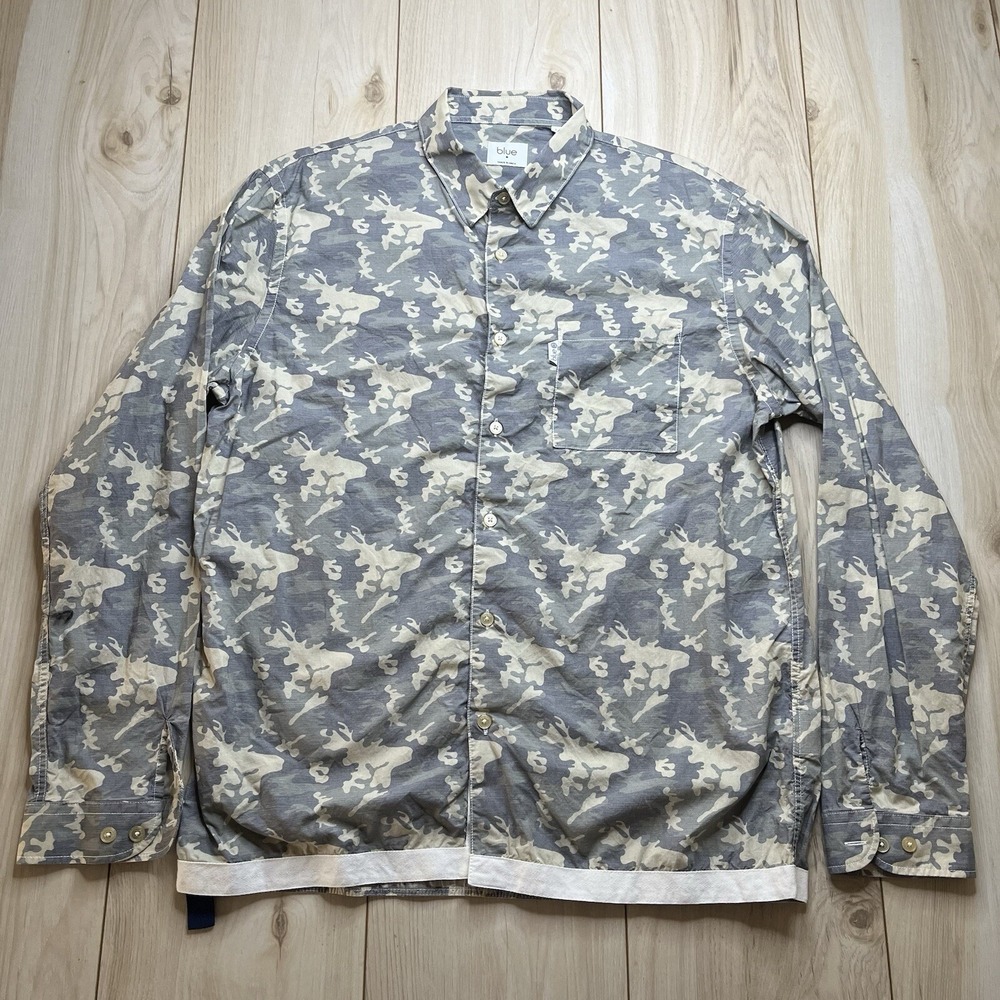 Serge Blanco Blue Button Up Shirt Camo Pattern Green Cotton Mens Size Large